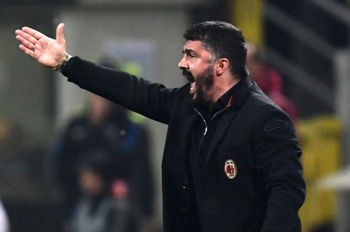 Ekspresi pelatih AC Milan, Gennaro Gattuso, dalam laga Liga Italia kontra Inter Milan di Stadion San Siro, Milan pada 4 April 2018.