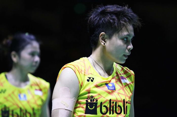 Greysia Polii/Apriyani Rahayu saat berhadapan dengan wakil Korea Selatan, Lee So Hee/Shin Seung Chan, pada perempat final Fuzhou China Open 2018 di Haixia Olympic Sports Center, Jumat (9/11/2018).