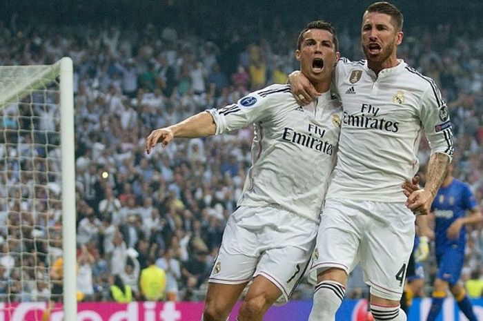 Dua bintang Real Madrid, Cristiano Ronaldo dan Sergio Ramos, saat tampil dalam semifinal Liga Champions kontra Juventus, 13 Mei 2015