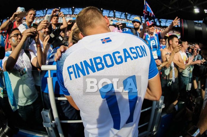 Alfred Finnbogason,sang pencetak gol pertama Islandia sepanjang sejarah Piala Dunia ketika menghadapi Argentina (1-1) di Grup C di Spartak Stadium, Moskow, Rusia, 16 Juni 2018.