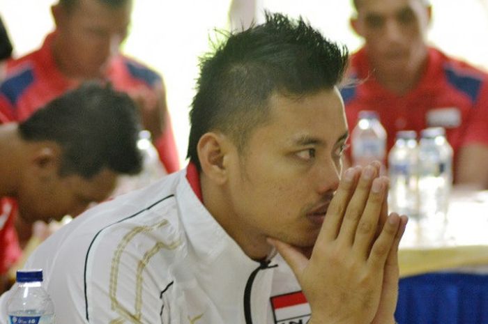 Kapten timnas bola voli putra Indonesia, Agung Seganti, bereaksi setelah doa bersama dalam acara pelepasan oleh PBVSI di Padepokan Voli, Sentul, Bogor, Jawa Barat, Selasa (15/8/2017).