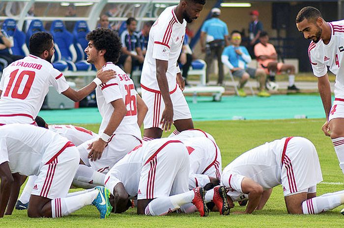 Pemain Uni Emirat Arab merayakan gol saat melawan Timor Leste pada babak penyisihan Grup C Asian Games 2018 di Stadion Si Jalak Harupat, Kabupaten Bandung, Kamis (16/8/2018).