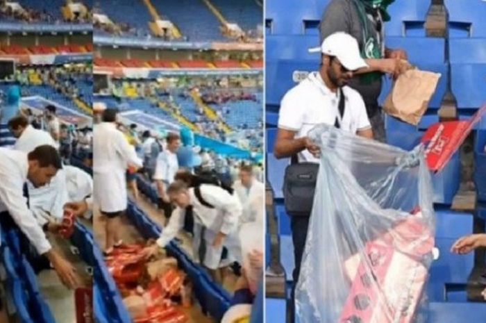 Para suporter membersihkan sampah usai pertandingan di Piala Dunia 2018. 