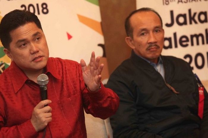 Ketua INASGOC Erick Thohir dan Sekretaris Jenderal Eris Herryanto dalam acara buka puasa bersama pimpinan media massa di Tanah Air, di Hotel Mulia, Jakarta, Senin (5/6/2017).