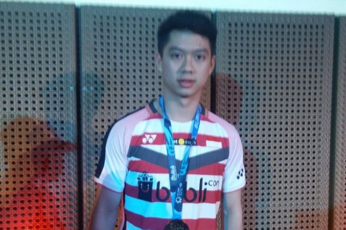 Pebulu tangkis ganda campuran Indonesia, Kevin Sanjaya Sukamuljo, berpose setelah acara pemberian bonus di Galeri Indonesia Kaya, Jakarta, Rabu (11/7/2018).