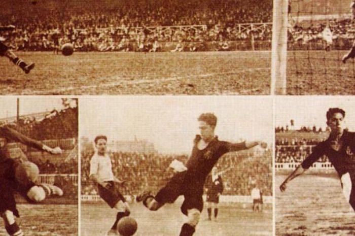 Aksi legenda Barcelona, Paulino Alcantara, saat mengancam gawang lawan.