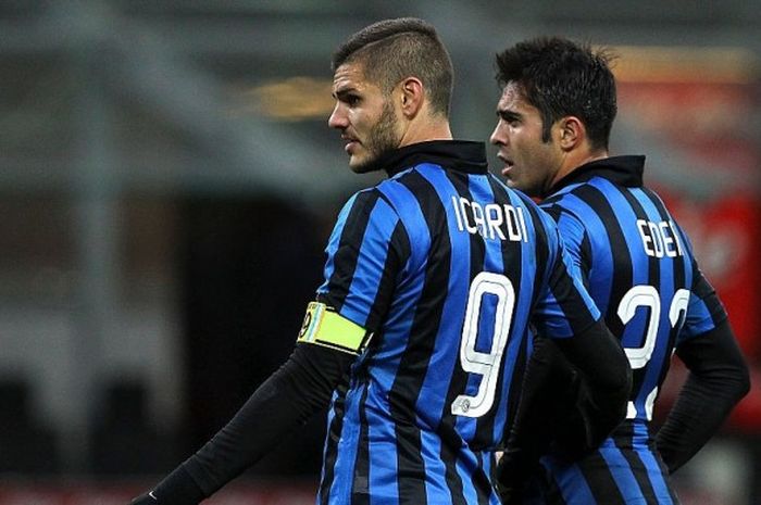 Mauro Icardi dan Eder ketika berlaga membela Inter Milan menghadapi Chievo pada pekan ke-23 Serie A 2015-2016.