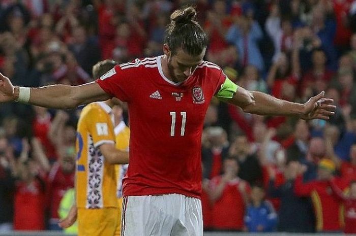 Aksi selebrasi bintang Wales, Gareth Bale, setelah menjebol gawang Moldova dari titik penalti dalam laga Kualifikasi Piala Dunia 2018 di Cardiff, 5 September 2016.