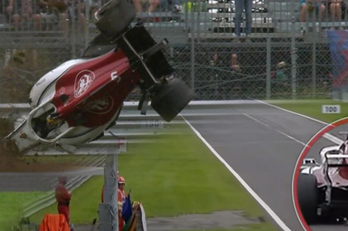 Kolase kecelakaan yang menimpa pebalap Sauber, Marcus Ericsson, pada latihan bebas kedua GP Italia di Sirkuit Monza, Jumat (31/8/2018). Ericsson kehilangan kendali mobil setelah sayap belakang mobilnya tidak menutup saat akan melewati tikungan.
