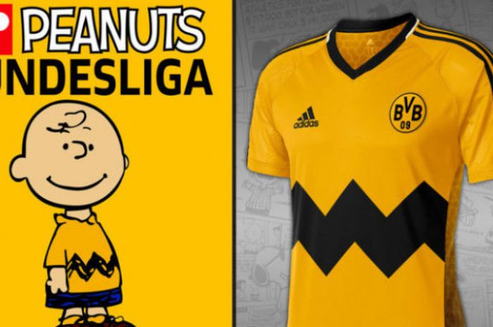 Kostum tim Borussia Dortmund yang direka ulang mengikuti baju tokoh kartun Charlie Brown dari serial Peanuts.