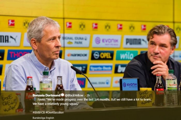 Pelatih Borussia Dortmund, Lucien Favre (kiri), dalam konferensi pers menjelang laga Liga Jerman men