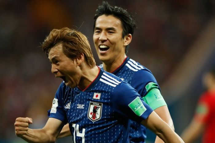 Gelandang Jepang, Takashi Inui, merayakan gol yang dicetak ke gawang Belgia dalam laga babak 16 besar Piala Dunia 2018 di Rostov Arena, Rostov-On-Don, Rusia pada 2 Juli 2018.