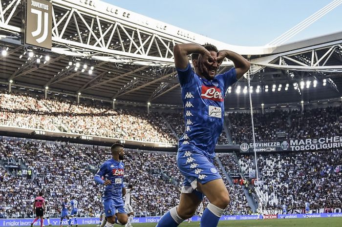Penyerang Napoli, Dries Mertens, merayakan golnya ke gawang Juventus dalam duel Liga Italia, 29 September 2018 di Alllianz Stadium Turin.