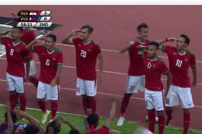 Selebrasi gol ketiga oleh Timnas Indonesia pada laga Indonesia vs Filipina (17/08/17).