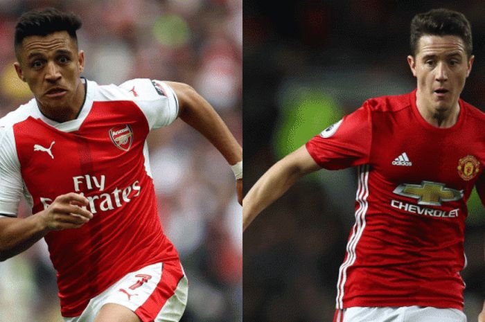 Penyerang sayap Arsenal, Alexis Sanchez (kiri), dan gelandang Manchester United, Ander Herrera, bakal beradu otak dan otot dalam partai lanjutan Liga Inggris di Stadion Emirates, Minggu (7/5/2017). 