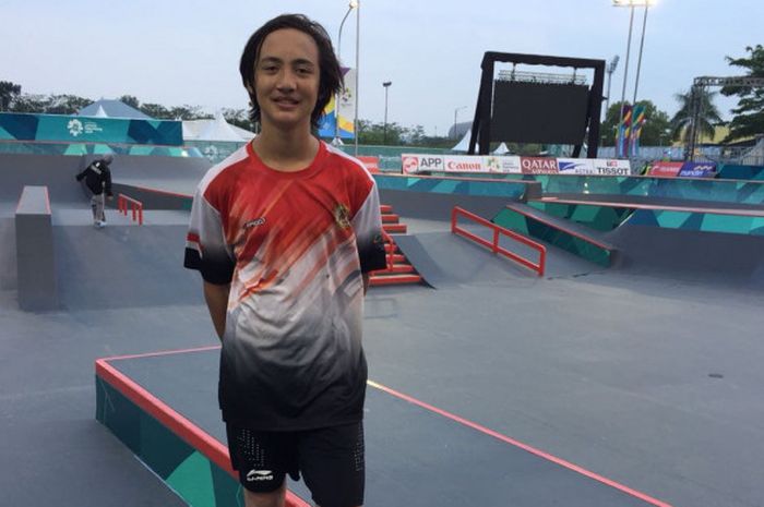 Skateboarder Indonesia, Jason Dennis Lijnzaat saat tampil di nomor park putra, babak kualifikasi Asian Games 2018 di Jakabaring Sport City, Palembang, Selasa (28/8/2018)