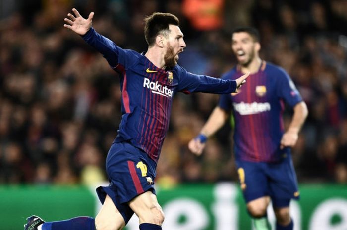 Megabintang FC Barcelona, Lionel Messi, merayakan gol timnya ke gawang AS Roma dalam laga leg pertama perempat final Liga Champions di Stadion Camp Nou, Barcelona, Spanyol pada 4 April 2018.