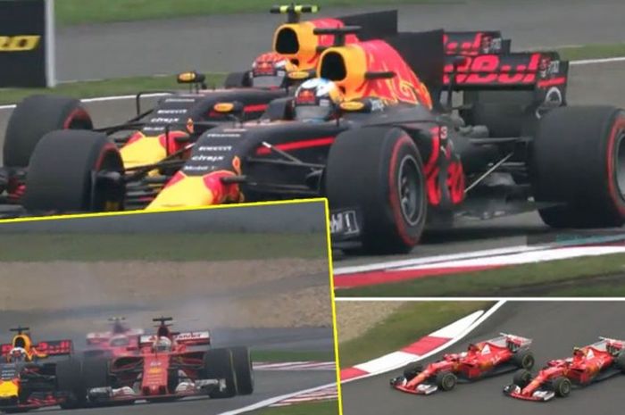 Aksi-aksi seru di Tikungan 6: Verstappen-Ricciardo (1), Vettel-Ricciardo (2), dan Vettel-Raikkonen (3).