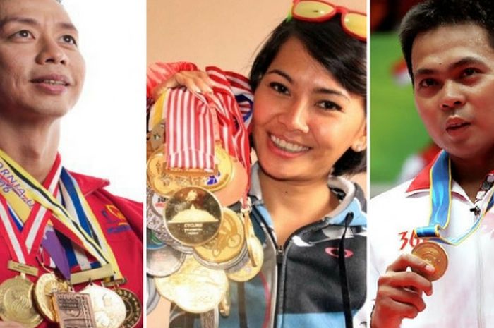 Tiga mantan atlet nasional yang pernah mengharumkan nama Indonesia pada ajang Asian Games, Richard Sambera (kiri), Risa Suseanty (tengah), dan Markis Kido (kanan).