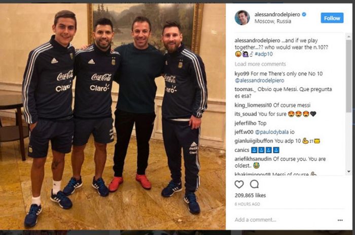 Del Piero bersama Lionel Messi, Sergio Aguero dan Paulo Dybala di Rusia.