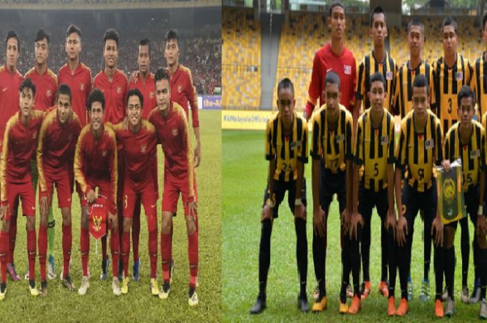 Kolase foto timnas U-16 Indonesia dan timnas U-16 Malaysia 2018