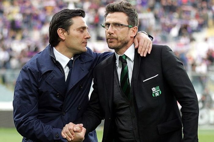 Pelatih Sassuolo, Eusebio Di Francesco (kanan), berjabat tangan dengan Vincenzo Montella seusai pertandingan Serie A antara Fiorentina lawan Sassuolo di Stadio Artemio Franchi, Florence, Italia, pada 6 Mei 2014.