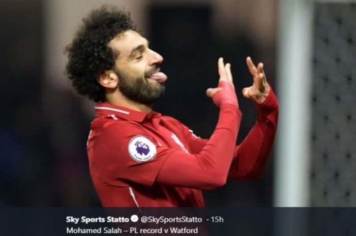  Mohamed Salah merayakan gol saat Liverpool menang 3-0 atas Watford pada laga pekan ke-13 Liga Inggris, Sabtu (24/11/2018). 