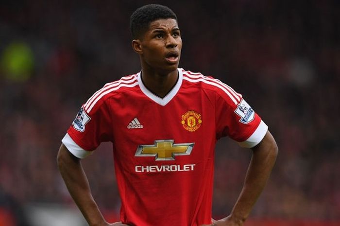 Ekspresi striker muda Manchetser United, Marcus Rashford, dalam pertandingan Premier League 2015-2016 menghadapi Everton di Old Trafford, Manchester, Inggris, pada 3 April 2016.