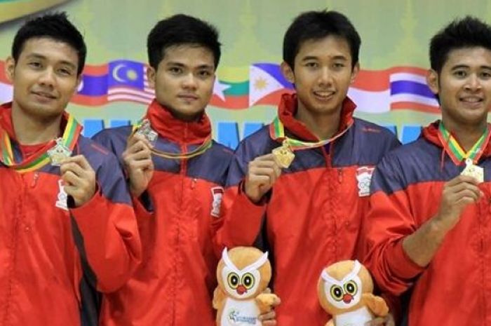 Dari kiri, Berry Angriawan, Ricky Karandasuwardi, Rian Agung Saputro, dan Angga Pratama di Sea Games Myanmar 2013.