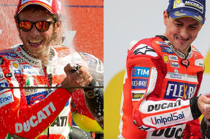Valentino Rossi (kiri) dan Jorge Lorenzo adalah pebalap juara dunia yang sama-sama pernah mencoba petualangan bersama Ducati.