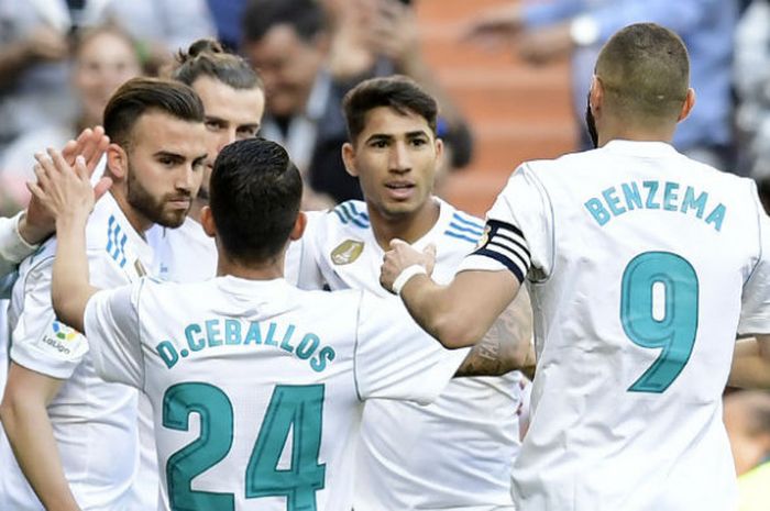 Selebrasi pemain Real Madrid setelah mencetak gol ke gawang Leganes pada pertandingan pekan ke-35 Liga Spanyol, di Stadion Santiago Bernabeu, Madrid, Spanyol, Sabtu (28/04/2018)