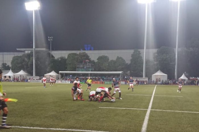 Pertandingan final rugby 7's putra Asian Games 2018 antara timnas Hong Kong dan Jepang di Lapangan Rugby Gelora Bung Karno, Sabtu (1/9/2018).