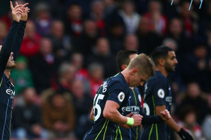 Selebrasi David Silva usai menjebol gawang Southampton di St. Mary Stadium pada lanjutan Liga Inggris pekan ke-20, Minggu (30/12/2018).