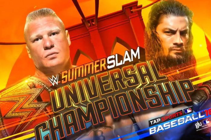 Poster SummerSlam 2018 yang menampilkan sosok Brock Lesnar (kiri) dan Roman Reigns (kanan).