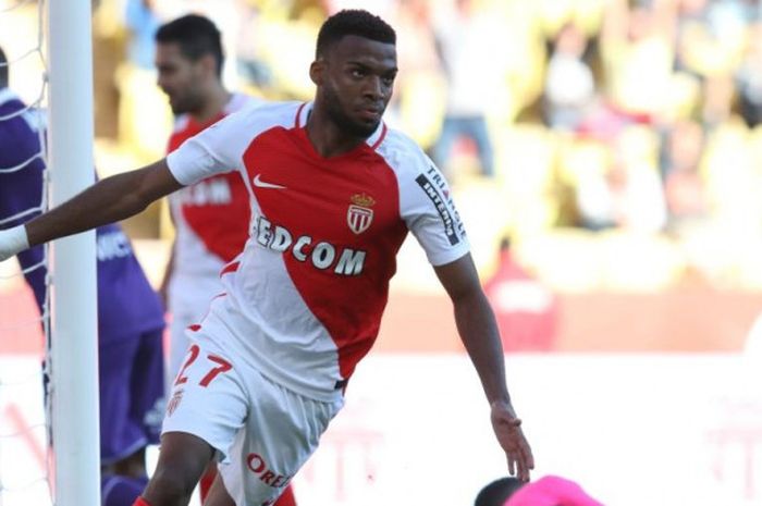 Aksi perayaan gol Thomas Lemar untuk AS Monaco dalam partai Liga Prancis kontra Toulouse di Louis II Stadium, Monako, 29 April 2017.