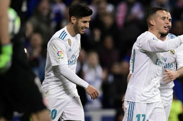   Selebrasi bintang Real Madrid,Lucas Vazquez saat melawan Girona pada laga Liga Spanyol di Santiago Bernabeu, Minggu (18/3/2018).  