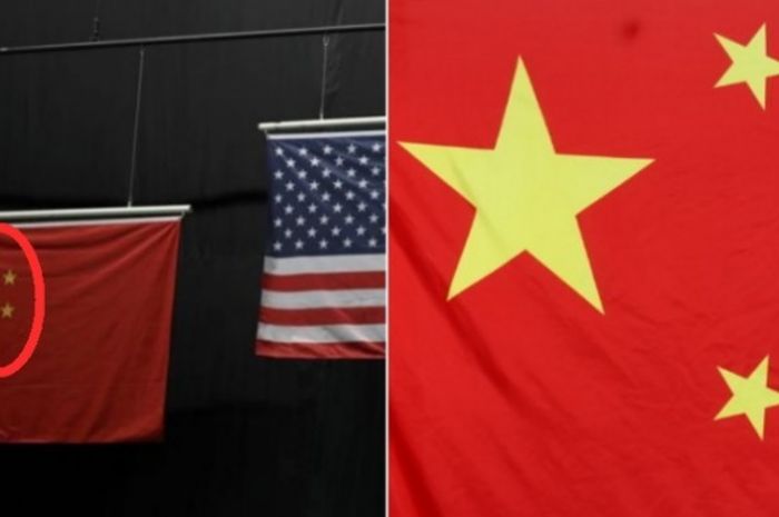 Bendera China yang salah cetak di Olimpiade Rio 2016 (kiri) dan bendera China yang benar (kanan).