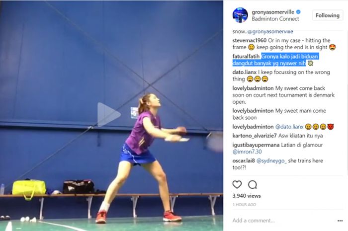 Komentar kocak netizen Indonesia di akun Instagram pribadi pebulu tangkis putri Australia, Gronya Somerville pada, Jumat (22/9/2017).