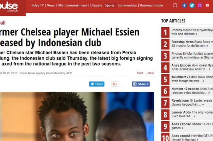 Pemberitaan media Pulse soal Michael Essien yang dilepas Persib