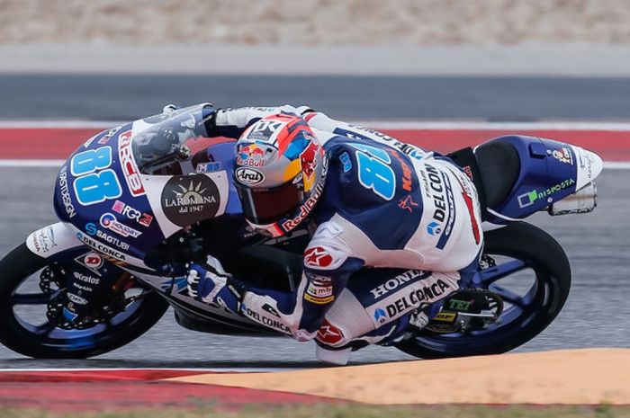 Pebalap Moto3, Jorge Martin, saat mengikuti sesi kualifikasi di Circuit of the Americas pada Sabtu (21/4/2018) waktu Amerika Serikat.