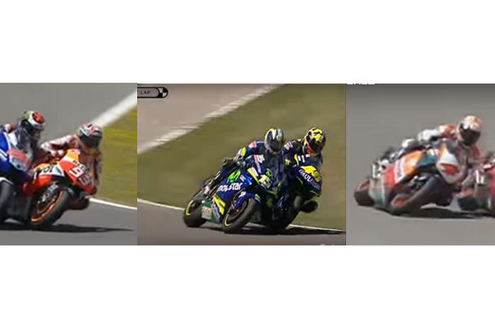 Tiga insiden yang buktikan tikungan ke-13 Sirkuit Jerez memang angker.Dari kiri ke kanan, Jorge Lorenzo (#99) dan Marc Marquez (#26), Sete Gibernau(#15) dan Valentino Rossi (#46), Alex Criville (#4) dan Mick Doohan (#1).