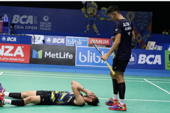 Ekspresi Fajar Alfian/Muhammad Rian Ardianto setelah dipastikan melaju ke babak final Bitburger Open 2017. 