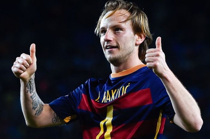 Selebrasi Ivan Rakitic usai mencetak gol kelima Barcelona ke gawang Celta Vigo, 14 Februari 2016.