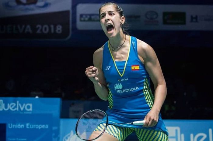 Ekspresi Carolina Marin pada laga semifinal Kejuaraan Bulu Tangkis Eropa 2018 yang berlangsung di Huelva, Spanyol, Sabtu (28/4/2018).