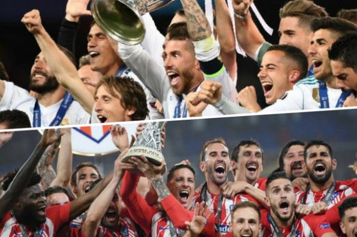 Ilustrasi suasana kemeriahan Real Madrid meraih gelar Liga Champions 2017-2018 (atas) dan Atletico Madrid meraih gelar Liga Europa 2017-2018 (bawah).