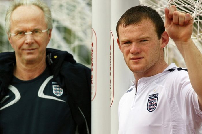 Penyerang tim nasional Inggris, Wayne Rooney (kanan), berpose bersama pelatih Sven-Goran Eriksson di sela-sela sesi latihan tim di Mittelbergstadion, Buehlertal, Jerman, pada 28 Juni 2006.