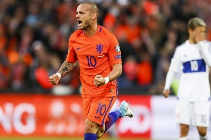 Aksi selebrasi gelandang Belanda, Wesley Sneijder, selepas menjebol gawang Luksemburg dalam partai Kualifikasi Piala Dunia 2018 Zona Eropa di Rotterdam, 9 Juni 2017.