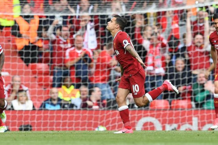 Pengatur serangan Liverpool, Philippe Coutinho, beraksi pada partai Liga Inggris kontra Middlesbrough di Stadion Anfield, Liverpool, pada 21 Mei 2017.