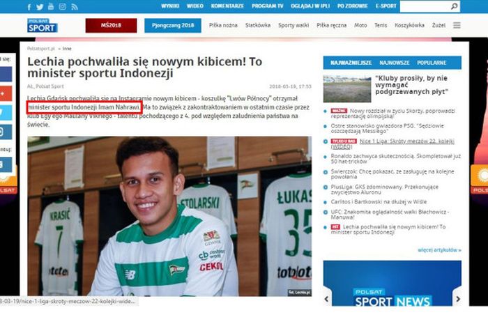 Pemberitaan Egy Maulana Vikri di media Polandia turut membawa serta nama Menteri Olahraga, Imam Nahrawi, Selasa (20/3/2018).