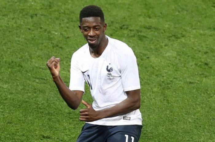 Ousmane Dembele merayakan gol untuk timnas Prancis ke gawang Italia dalam partai uji coba di Stadion Allianz Riviera, Nice, 1 Juni 2018.